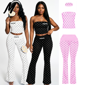 Set Due Pezzi alla Moda Y2K con Stampa a Pois, Logo Personalizzato, Top Senza Spalline, Pantaloni a Vita Alta e Gamba Larga, Elasticizzati - Product Image 1