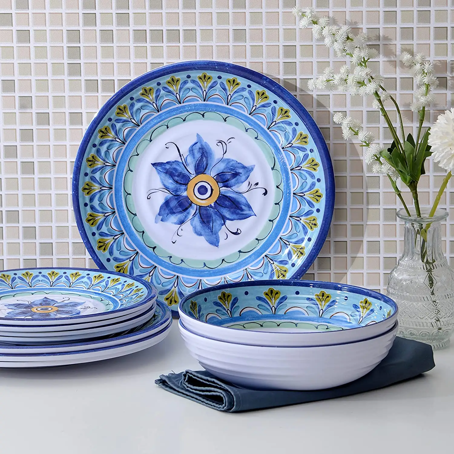 BPA Free Blue flower Design 12 pezzi piatti e ciotole set di stoviglie in melamina per 4 stoviglie da campeggio lavabili in lavastoviglie