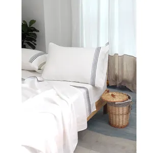 2021 New Design Linen Bedding Set 4PCs With Gradient Color Embroidery Stripes Duvet Cover Flat Sheet Pillowcases For Home Hotel