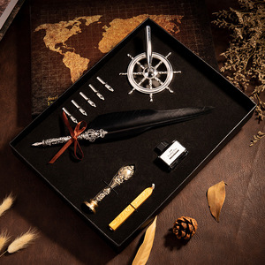 Ensemble cadeau de stylo à bille exquis avec plume, pointe de 0,5 mm, en plastique, encre noire indélébile, support en forme de roue de bateau - Product Image 2