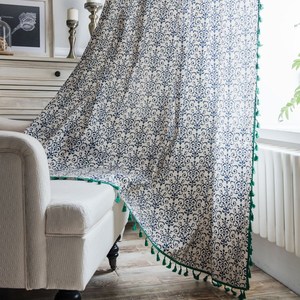 Cortina de lino y algodón con estampado de porcelana azul y blanca, borlas, cenefa de cocina de estilo chino, cortinas semisombreadas para el hogar - Product Image 1