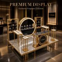 Ensemble de présentoirs de parfums haut de gamme, panneau noir mat, finition dorée, éclairage LED annulaire, solution de présentation de parfums pour la vente au détail