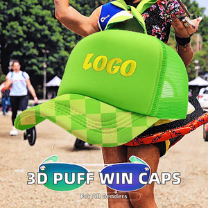 Casquette de baseball en maille polyester à 5 panneaux, personnalisée avec broderie 3D en relief du logo Win, unie, vierge, pour le golf, en mousse, style trucker, imprimée - Product Image 3