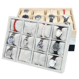 Weiche hochwertige graue Samt uhr Armband Schmuck Aufbewahrung sbox Organizer Tablett mit 12 Kissen