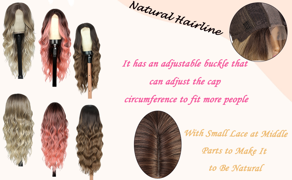 KAMA Women's Heat Resistant Lace Front Wig Dark Root Synthetic Fiber Wavy Curly Middle Part for Daily Party Use Long Wavy Style Detail Section 4