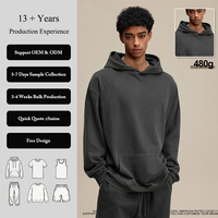Sudadera con Capucha de Algodón 100% de 480 GSM, Estilo Streetwear, Super Pesada, con Efecto Desgastado, para Hombre, Color Negro, para Imprimir