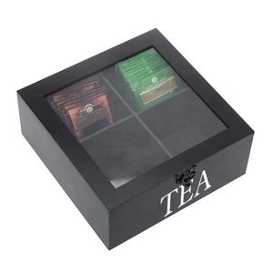 Wooden Tea Box Storage Organizer Rectangular Covered With Compartments For Tea Coffee <b>Sugar</b> <b>Packets</b> Desktop Use - Product Image 2