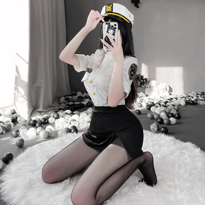 Ensemble de costumes de cosplay sexy pour femmes, chemise blanche, jupe grise avec boutons dorés, design semi-transparent, tenue de lingerie - Product Image 2