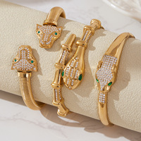 Nouveau bracelet euro-américain à double tête de léopard, bracelet extensible ouvert en acier inoxydable plaqué or véritable 18 carats avec zircon 5A