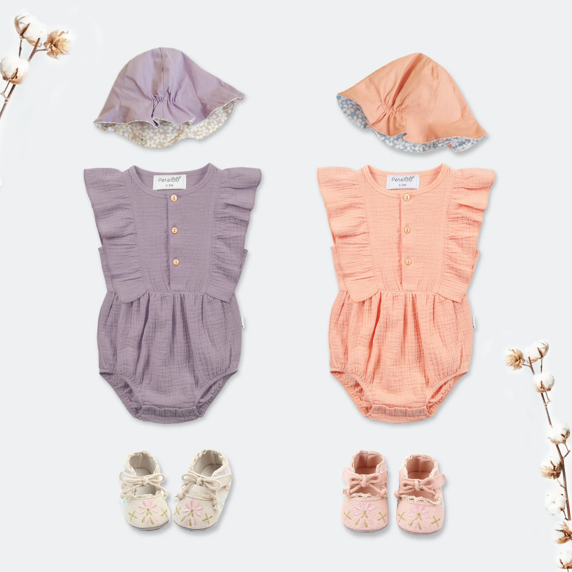 Baby Romper Baby Clothes High Quality Ruffle Flutter Solid Muslin Organic Cotton Newborn Woven Sleeveless Baby Girls 100% Cotton