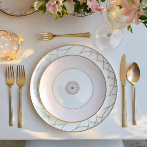 Bộ đĩa sứ xương màu hồng bán buôn, họa tiết cây cối, viền vàng, dùng cho đám cưới - Product Image 6