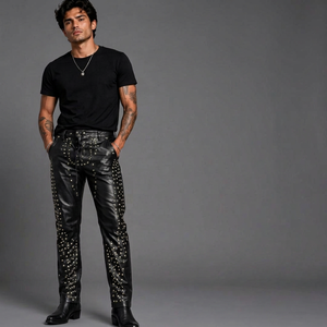 Pantalon en cuir de vachette clouté de rivets gothiques, disponible sur mesure et en combinaisons de couleurs personnalisées - Product Image 1