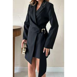 Vestido tipo chaqueta negro al por mayor con cuello con muescas y cintura natural, vestido de trabajo cómodo de tela tejida - Product Image 2