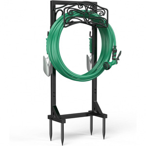 Freestanding <b>garden</b> hose rack with tool <b>hooks</b>, accommodates 150 feet of hose, outdoor patio lawn storage. - Product Image 1