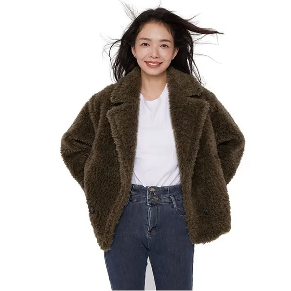 Jaket wol mewah wanita, mantel wol hangat warna polos, jaket Dan blazer teddy pendek musim dingin dan musim gugur