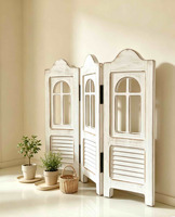 Paravent en bois blanc vieilli à 3 panneaux, écran pliant en bois, cloison de séparation vintage style ferme avec découpe pour fenêtre