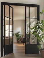 Porte de salle de bain en verre transparent avec structure en grille d'aluminium de style français, cadre ultra-fin de luxe, pour entrée intérieure
