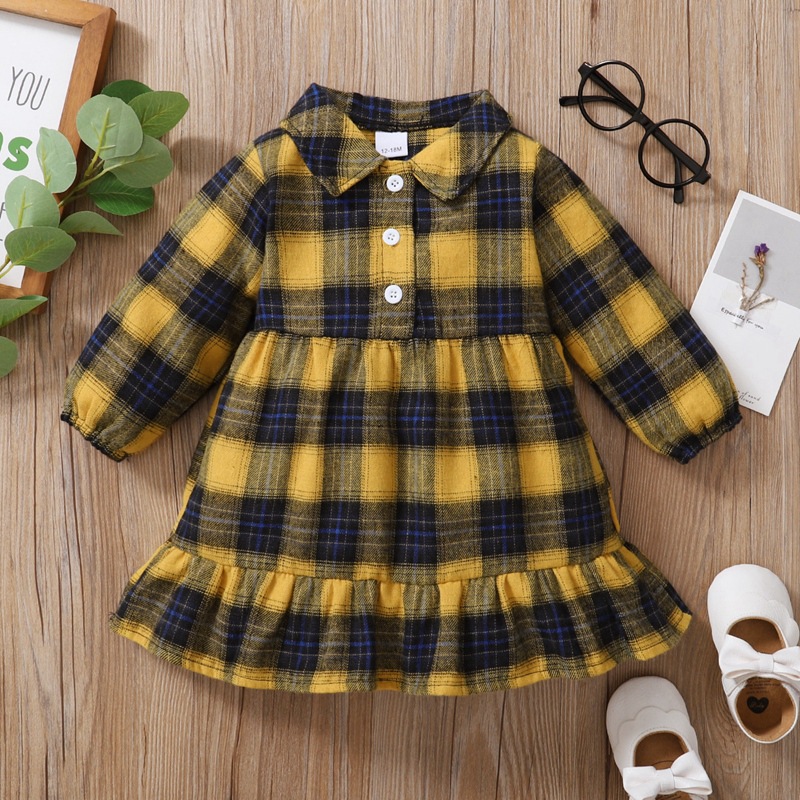2021 New Little Baby Toddler Girl Yellow Plaid Shirt Dress 1-4 Years