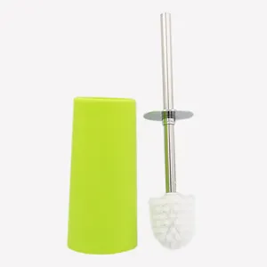 Good quality bathroom accessories long metal handle white pp toilet brush with green tall cylinder holder set
