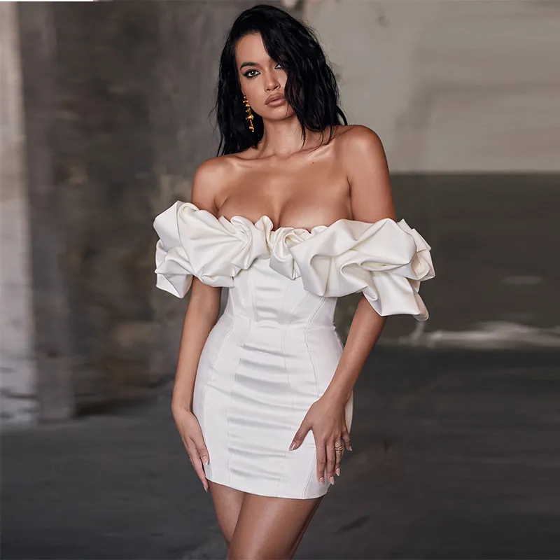 New Dress Off The Shoulder Mini Dress Solid Color Ruched Bodycon Ruffle Tube Top Dress Wedding Party European and American Women