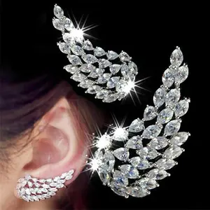 Plume d'aile d'ange Boucles d'oreilles clip en zircon plaqué argent 925 pour femmes