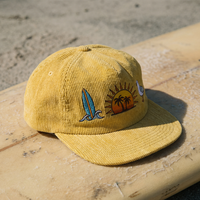 Casquettes personnalisées OEM avec logo brodé, 5 panneaux, en velours côtelé jaune, style sport non structuré, casquettes de surf à fermeture snapback, casquettes de course
