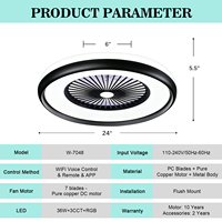 Ventilateur de plafond sans pales RGB de 24 pouces avec lumière, télécommande, application vocale, 6 vitesses, intelligent pour chambre à coucher, salon, cuisine