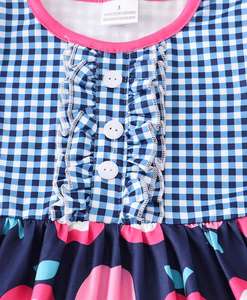 Vestidos de Verano Personalizados de Manga Corta para Niñas, Top Azul a Cuadros con Estampado de Manzanas, Vestido con Volantes y Botones para Bebés - Product Image 2