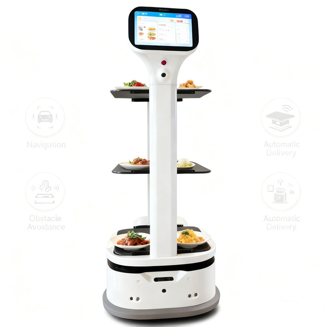 Smart Food Delivery Robot for Restaurant Hotel with Stable Multi-Layer Tray Autonomous Navigation Self Charging Service Bot
