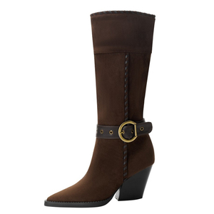 Big Size 46 High Wedge Heels Pointed Toe Shoes Metal Belt Buckles Suede Cowboy <b>Boots</b> Women's Flock Knee High Wide Fit Booties - Product Image 3