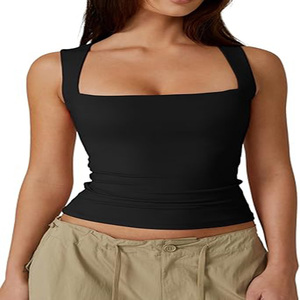 Camisetas sin mangas <span class=keywords><strong>de</strong></span> doble capa <span class=keywords><strong>de</strong></span> verano para mujer, Camisetas Básicas <span class=keywords><strong>de</strong></span> punto ajustadas, cuello cuadrado, diseño sin mangas, transpirable frontal personalizado - Product Image 1