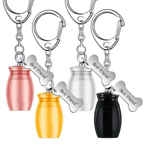 Stainless Steel Cremation Bottle Urn Pendant with Dog Bone Tags Charm Keychain Ashes Keepsake Keyring Jewelry for Pet Memorial