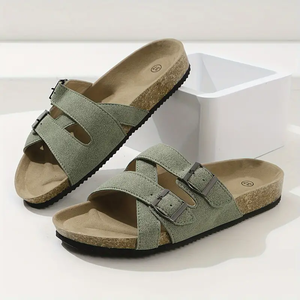 Pantofole da donna in pelle scamosciata morbida <span class=keywords><strong>suola</strong></span> in <span class=keywords><strong>sughero</strong></span> sandali larghi <span class=keywords><strong>con</strong></span> due fibbie regolabili in metallo sandali da spiaggia da esterno - Product Image 1
