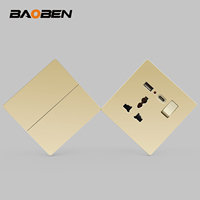 BAOBEN Panneau de prise murale ultra-mince de type 86, finition or mat, 16A, double commande, 5 trous avec voyant néon