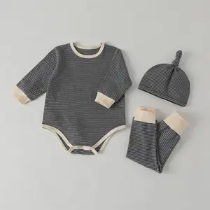 Комбинезон с длинным рукавом, штаны в полоску и шапка для новорожденных, комплект из 3 предметов, Осень-зима 2021