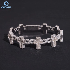 925 <b>Silver</b> Rhodium Plated Moissanite Cross <b>Cuff</b> 6MM <b>Bracelet</b> Luxury Unisex Jewelry VVS Moissanite Pave Baguette Cut - Product Image 1
