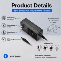 Adaptateur d'alimentation à découpage mural 65W 5V 9V 12V 15V 19V 24V 36V 48V 1A 1.5A 2A 2.5A 3A 4A 5A AC DC