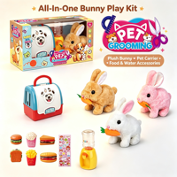 Jouet de simulation de transporteur d'animaux, lapin en peluche électronique qui marche avec mini distributeur de nourriture et d'eau, ensemble de jeu de rôle pour enfants sur l'entretien des animaux