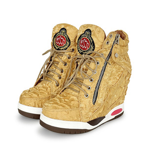 Xuanhui Nouveau Modèle Baskets montantes à lacets, rehaussantes de 10 cm, à semelle épaisse, avec talon compensé invisible, texturées, dorées métallisées - Product Image 1