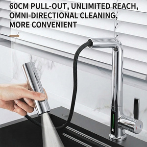 厨房水龙头 3 模式 LED 拉出式喷雾器 单手柄冷热水混合水龙头 带 LED 温度显示 镀铬表面 - Product Image 4