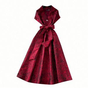 Vestido Midi Casual de Verano 2025 Tallas Grandes, Tejido Sostenible, Transpirable, Lavable, Manga Corta, Cuello Camisero con Relieve, Cintura Imperio - Product Image 5