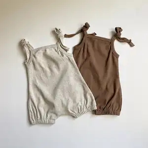 Kabarcık bebek Romper bahar yaz giysileri nervürlü kolsuz dantel Up bebek tulum giysileri