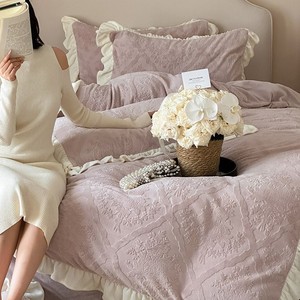 Milk Floss Jacquard <b>Bedding</b> <b>Set</b> Solid Color Thermal Duvet Cover Sheet Home Use - Product Image 1