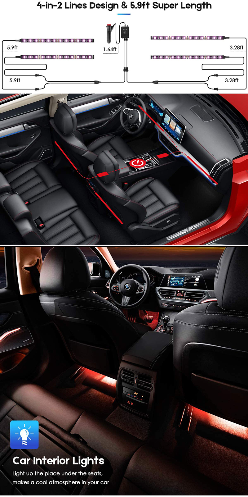 12V Lighter Plug for Automotive Inside RGB Color Changing Car Interior LED Strip Ambient Light