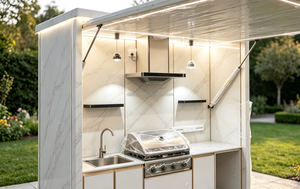 <span class=keywords><strong>Cuisine</strong></span> <span class=keywords><strong>extérieure</strong></span> moderne modulaire en acier inoxydable personnalisable avec rangement et pare-vent, barbecue portable écologique et ignifuge - Product Image 5