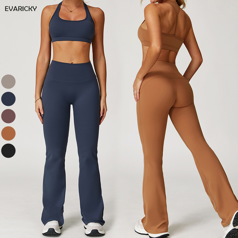 Custom Logo Women's Sets 2 Piece Yoga Set Active Naked Feeling Halter Bra High Waist Tummy Control Gym Leggings Flare Pants Set