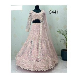 Lehenga ชาติพันธุ์อินเทรนด์สำหรับผู้หญิงใน georgette และสุทธิด้วยการปักหนักสำหรับงานรื่นเริงและงานแต่งงานโอกาส - Product Image 3