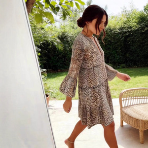 Robe d'été ample à imprimé léopard, col en V, manches longues, à volants, pour femme, grande taille, tenue décontractée - Product Image 3