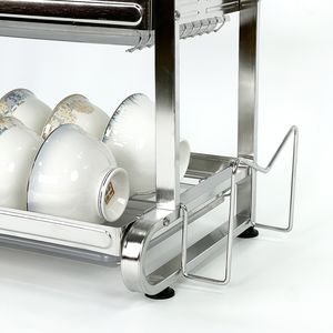 Égouttoir à vaisselle moderne en acier inoxydable poli, double niveau, support de rangement de cuisine à trois niveaux, bac d'égouttage pour le nettoyage de la vaisselle - Product Image 5
