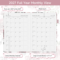 Agenda A5 à couverture rigide en PU/papier à motif floral, 2027, une page par jour, avec bande élastique pour le bureau et l'école